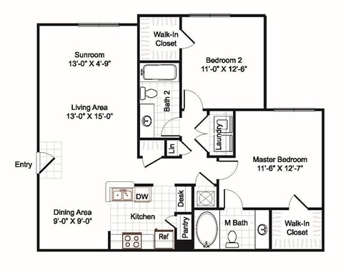 Two bedroom, two bath with dining area, sunroom and laundry room